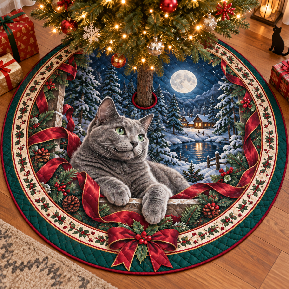 Russian Blue Cat Quilted Christmas Tree Skirt — digital product visualization