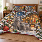 Russian Blue Cat Snowy Glassworks printed Christmas quilt and two matching pillow shams; design mockup showing a flat printed depth effect.
