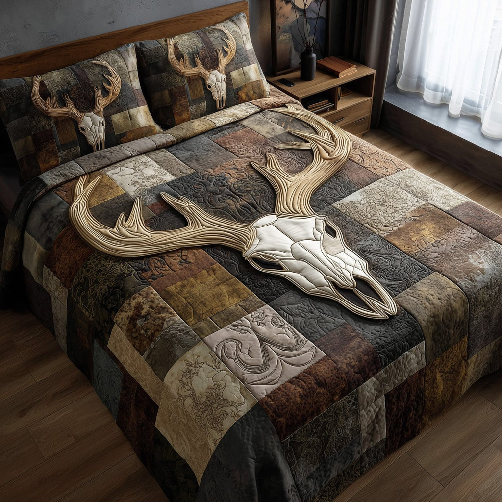 Rustic Antler Skull Brown quilted 3-piece bedding set on a made bed against a dark styled interior