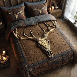 Rustic Antler Skull Dark 3-Piece Quilted Bedding Set