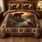 Rustic Bear Frame quilted 3-piece bedding set on a made bed in a farmhouse bedroom