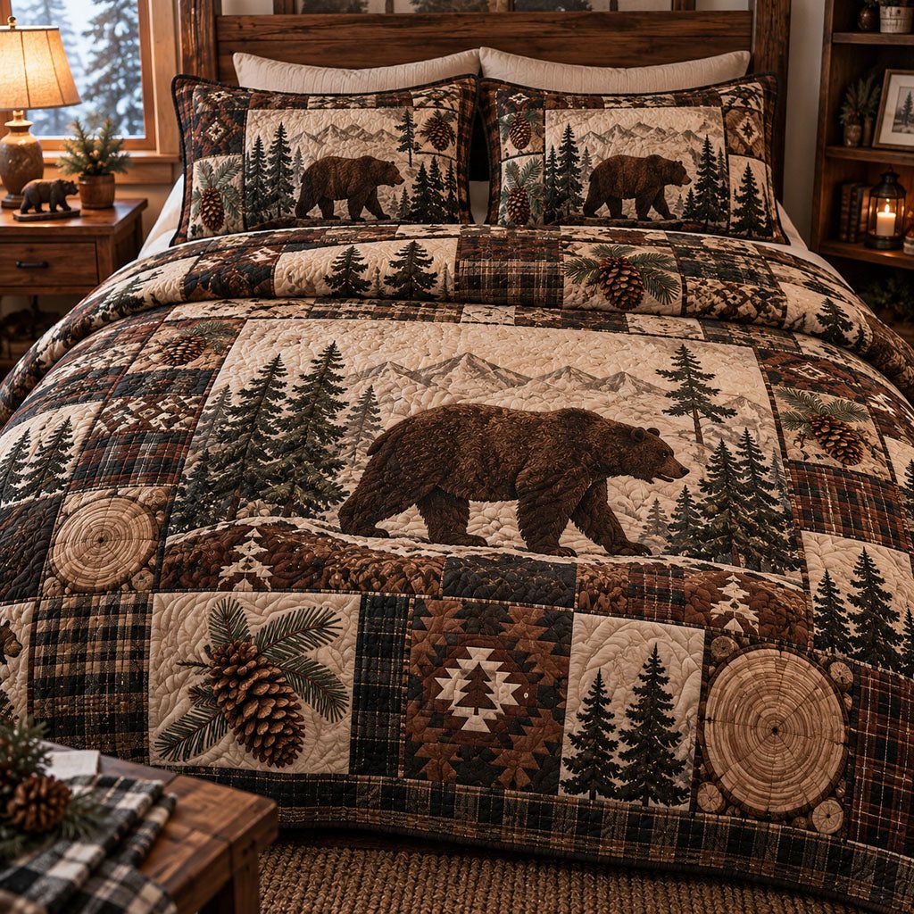 Rustic Bear Haven quilted 3-piece bedding set on a made bed in a farmhouse bedroom