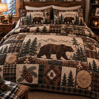 Rustic Bear Haven quilted 3-piece bedding set on a made bed in a farmhouse bedroom