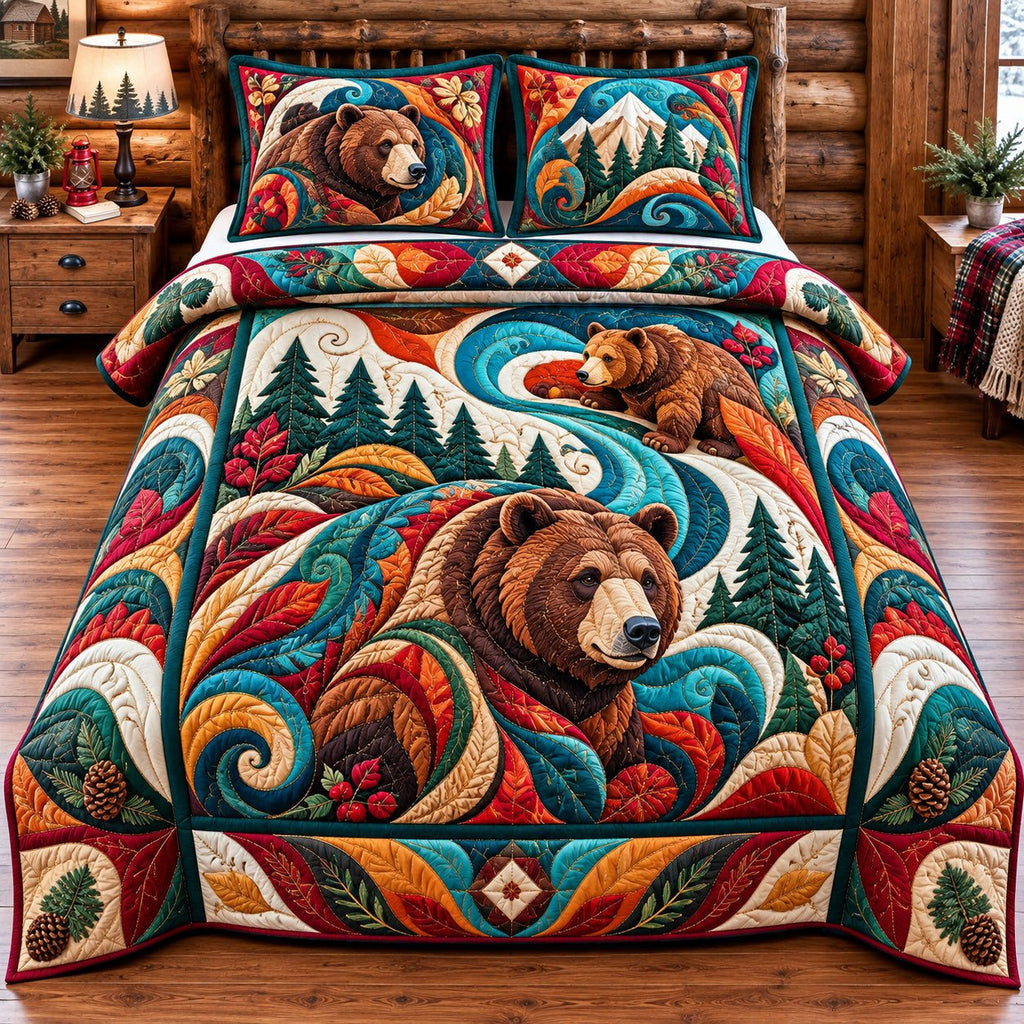 Rustic Bear Lodge quilted 3-piece bedding set on a made bed in a farmhouse bedroom
