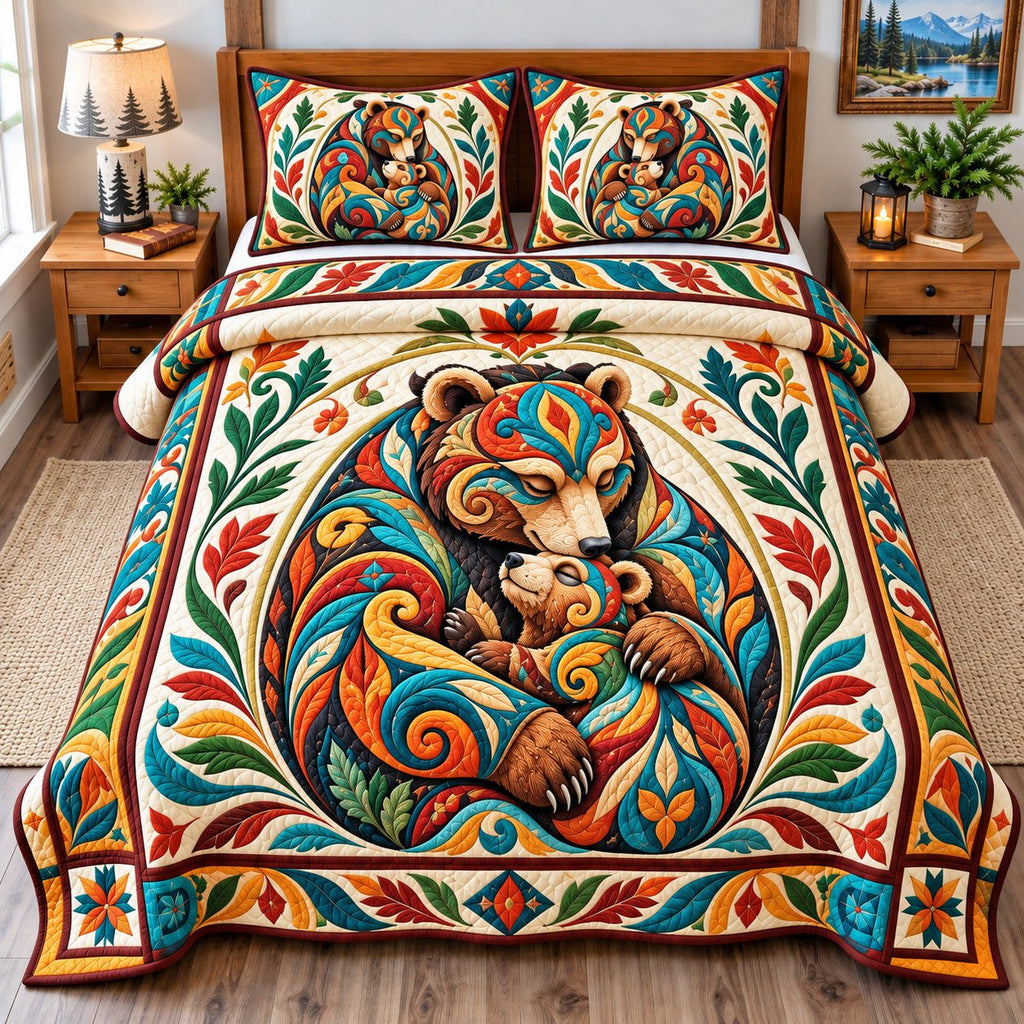 Rustic Bear Mountain quilted 3-piece bedding set on a made bed in a farmhouse bedroom