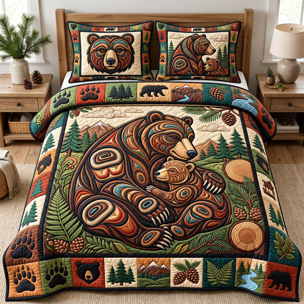 Rustic Bear quilted 3-piece bedding set on a made bed in a farmhouse bedroom
