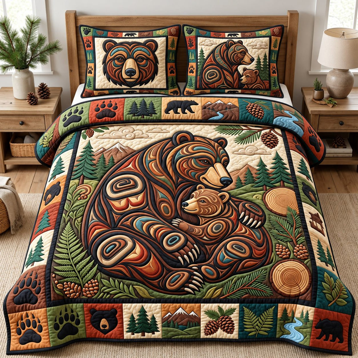 Rustic Bear quilted 3-piece bedding set on a made bed in a farmhouse bedroom