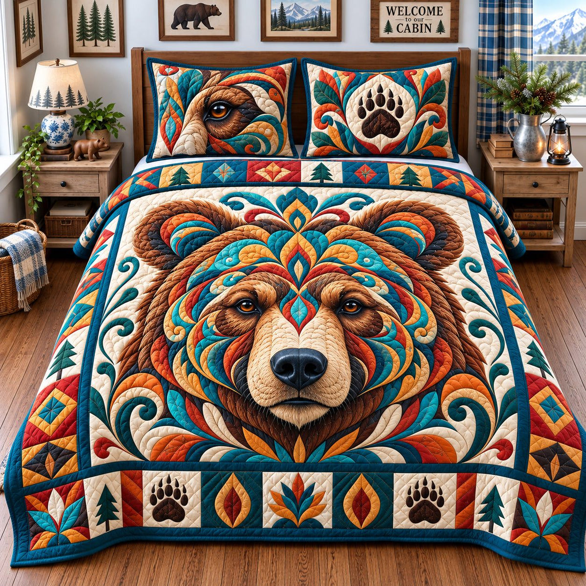 Rustic Bear Retreat quilted 3-piece bedding set on a made bed in a farmhouse bedroom
