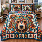 Rustic Bear Retreat quilted 3-piece bedding set on a made bed in a farmhouse bedroom