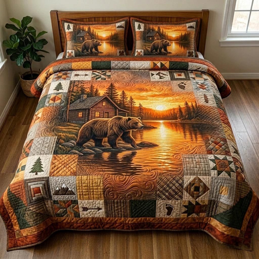Rustic Bear Sunset quilted 3-piece bedding set on a made bed in a farmhouse bedroom