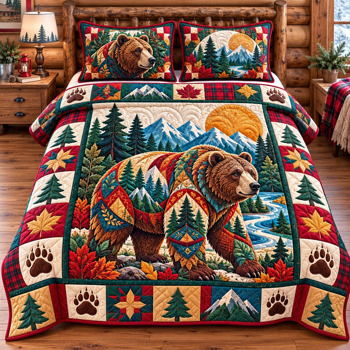 Rustic Bear Wilderness quilted 3-piece bedding set on a made bed in a farmhouse bedroom