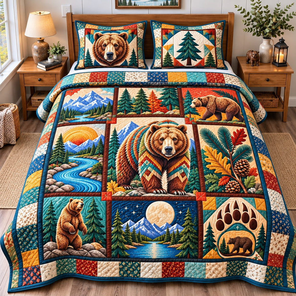 Rustic Bear Woodland quilted 3-piece bedding set on a made bed in a farmhouse bedroom