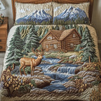 Rustic Cabin Deer quilted 3-piece bedding set on a made bed in a farmhouse bedroom