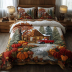 Rustic Cabin Fall Truck quilted 3-piece bedding set on a made bed in a farmhouse bedroom