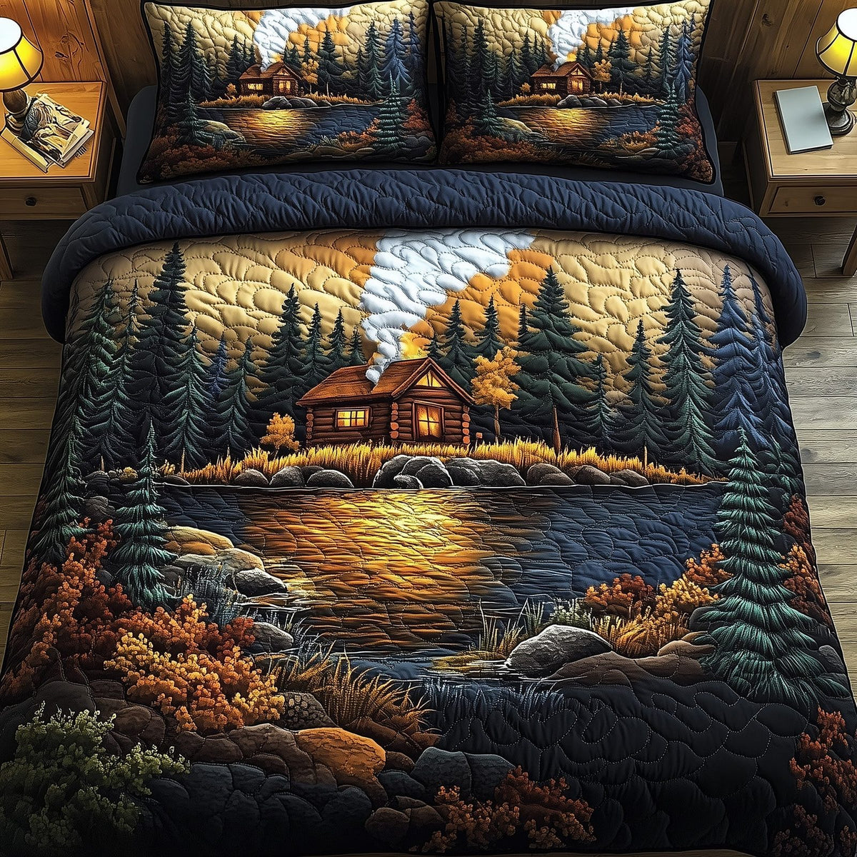 Rustic Cabin Sunset quilted 3-piece bedding set on a made bed in a farmhouse bedroom