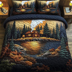 Rustic Cabin Sunset quilted 3-piece bedding set on a made bed in a farmhouse bedroom