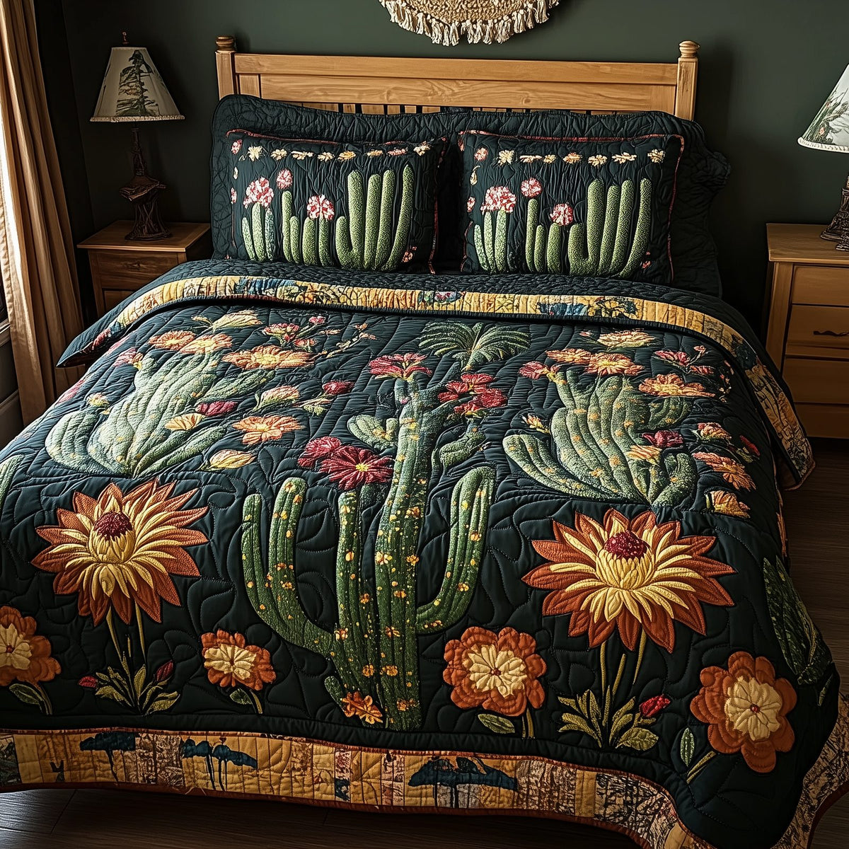 Rustic Cactus Yellow quilted 3-piece bedding set on a made bed in a farmhouse bedroom
