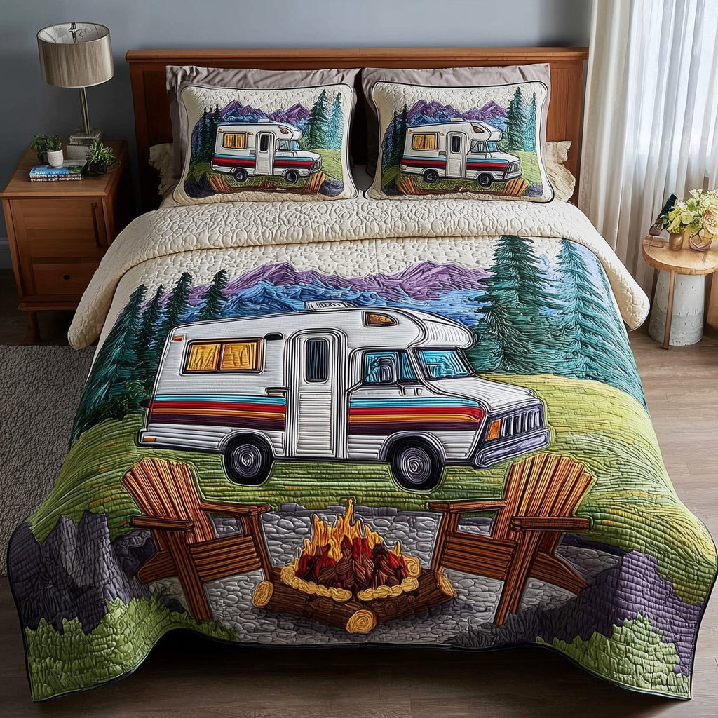 Rustic Campfire RV quilted 3-piece bedding set on a made bed in a farmhouse bedroom