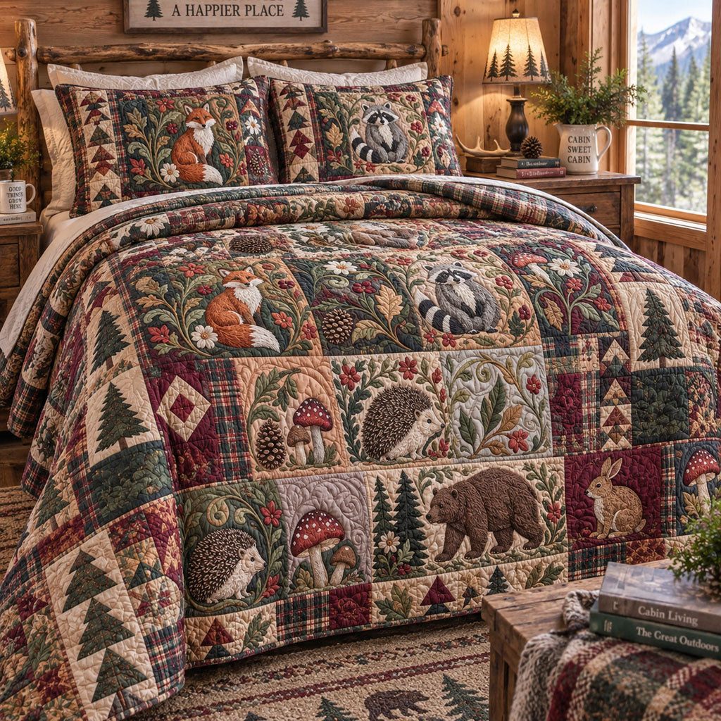 Rustic Caribou Hideaway quilted 3-piece bedding set on a made bed in a farmhouse bedroom