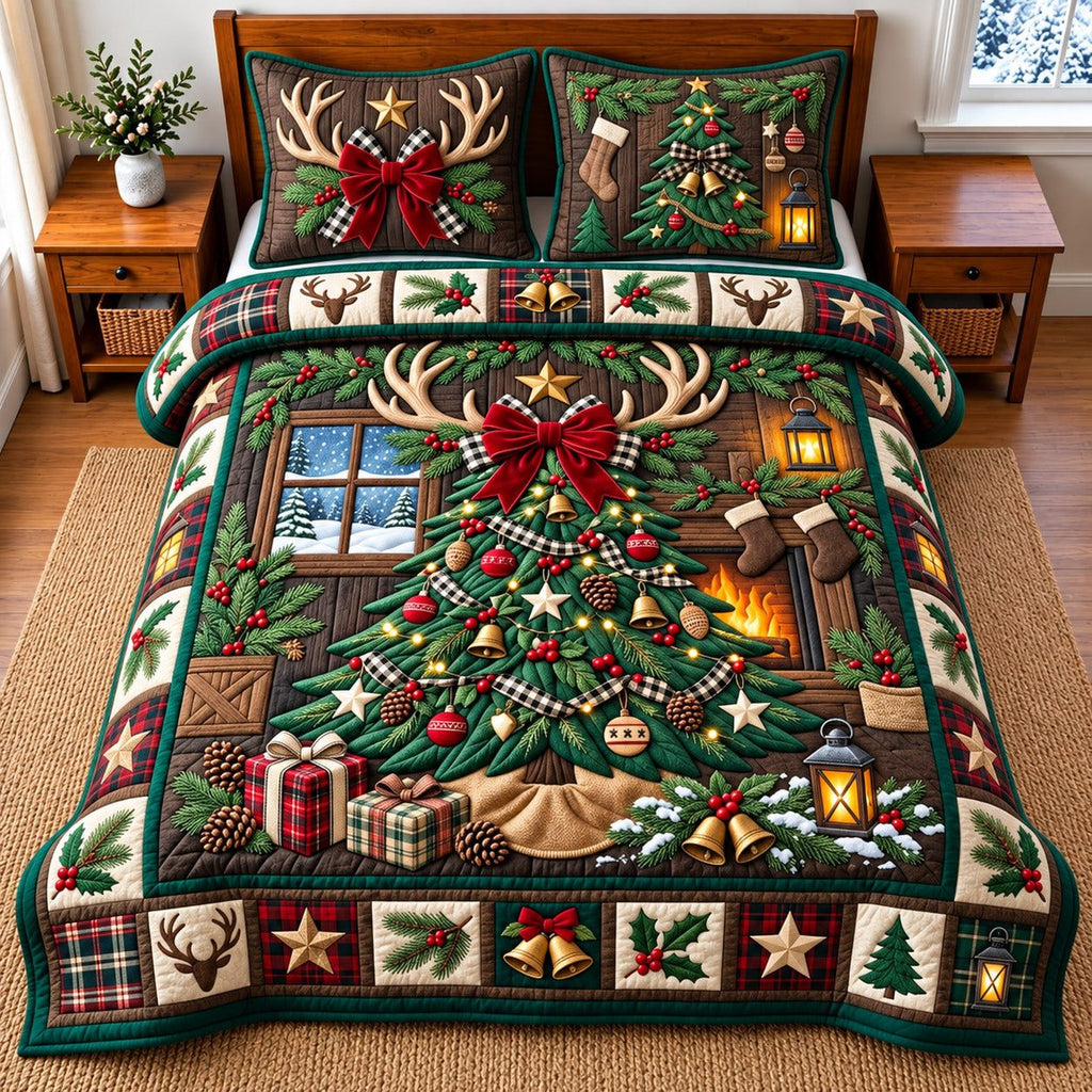Rustic Christmas Tree quilted 3-piece bedding set on a made bed in a winter-styled bedroom