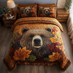 Rustic Fall Bear Face quilted 3-piece bedding set on a made bed in a farmhouse bedroom