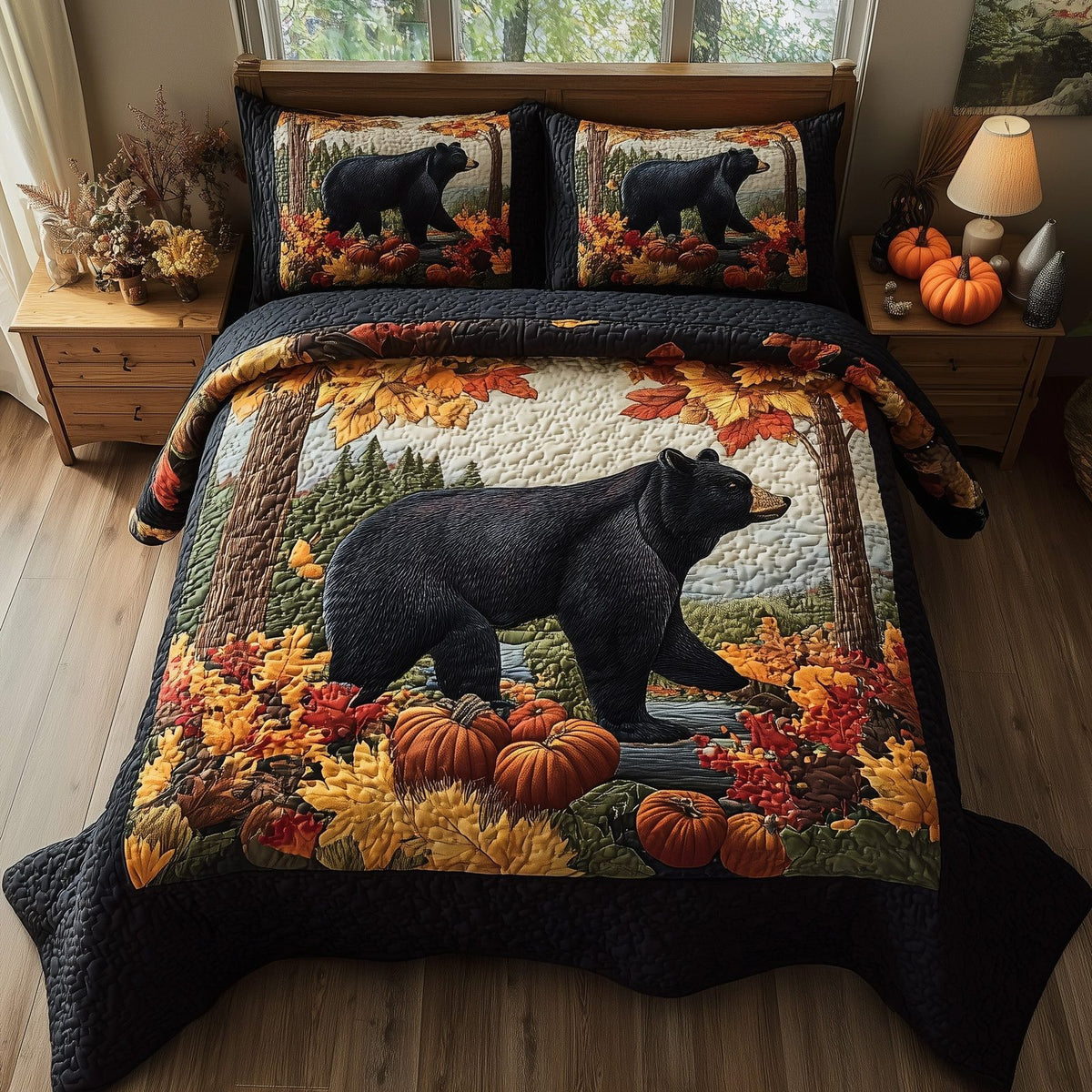 Rustic Fall Bear Walk quilted 3-piece bedding set on a made bed in a farmhouse bedroom