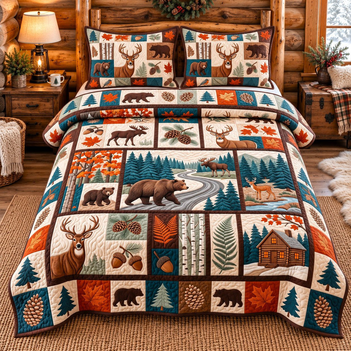 Rustic Forest Patchwork quilted 3-piece bedding set on a made bed in a farmhouse bedroom