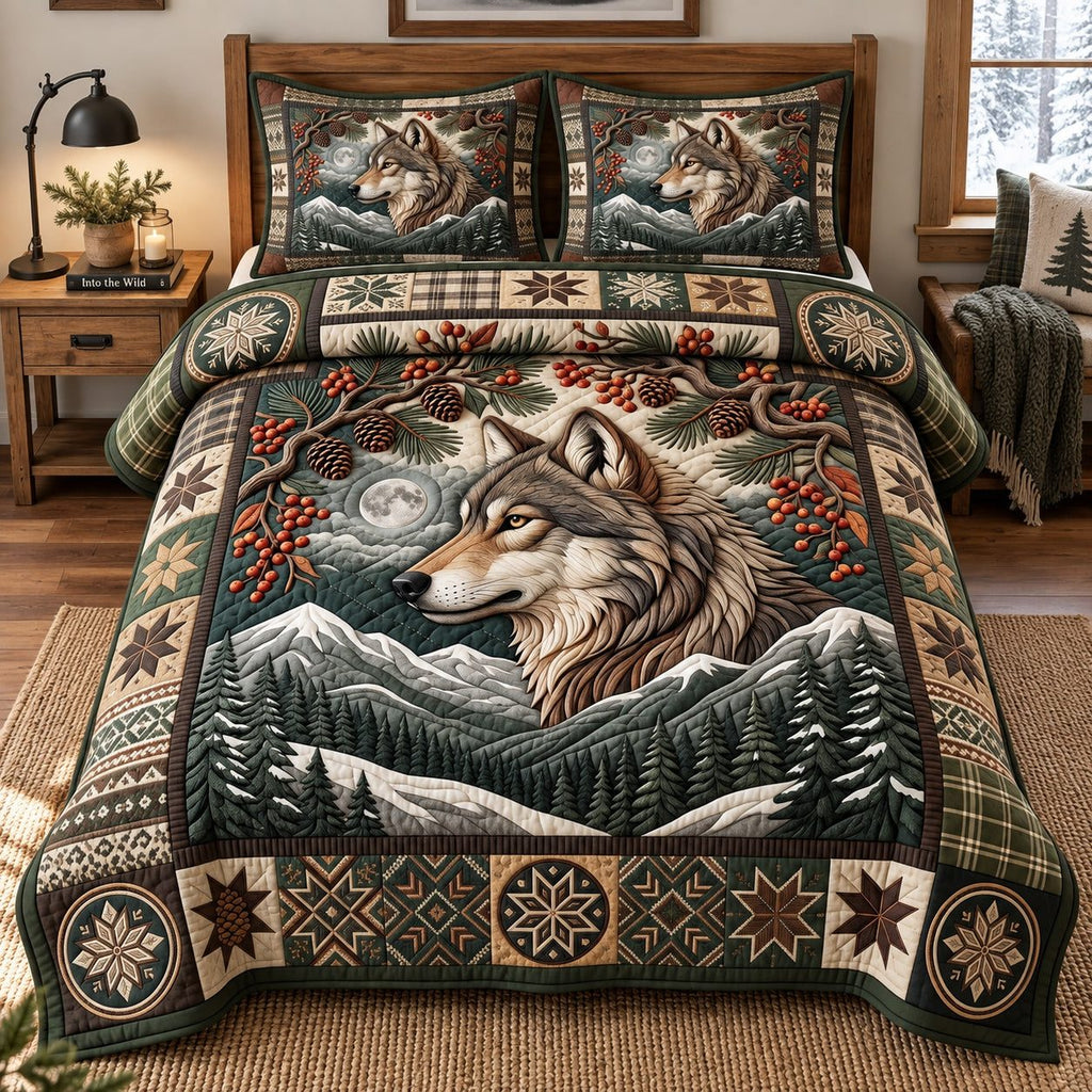 Rustic Forest Wolf quilted 3-piece bedding set on a made bed in a farmhouse bedroom