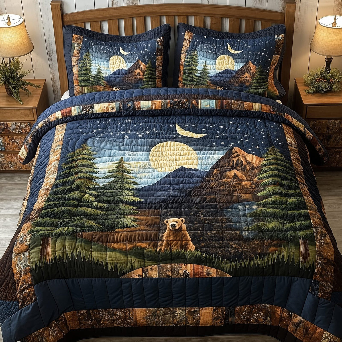 Rustic Harmony Moon quilted 3-piece bedding set on a made bed in a farmhouse bedroom