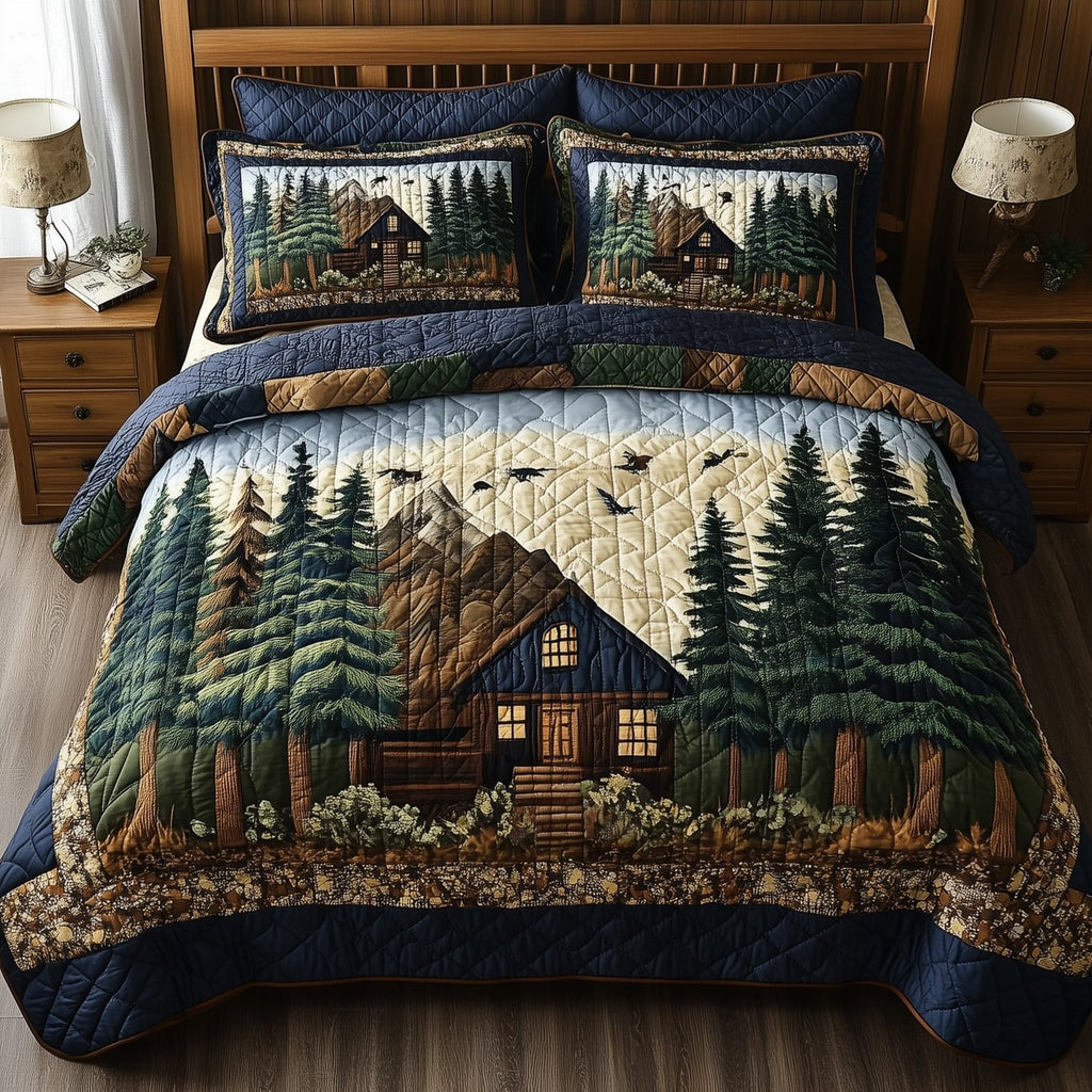 Rustic Harmony Night quilted 3-piece bedding set on a made bed in a farmhouse bedroom