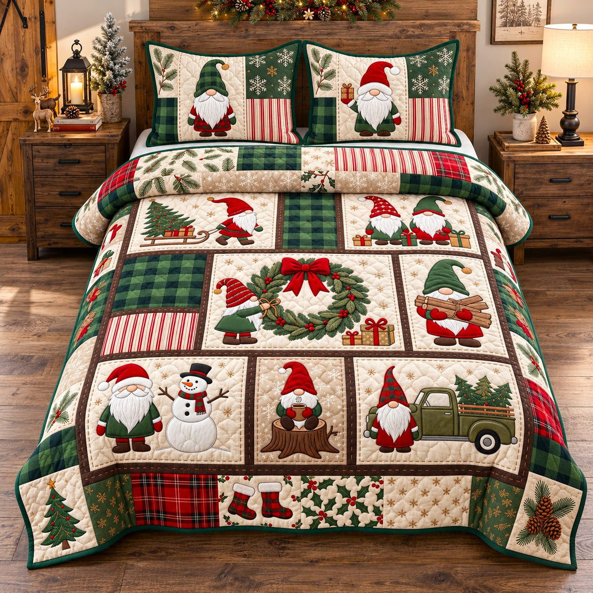 Rustic Holiday Gnome Patchwork quilted 3-piece bedding set on a made bed in a winter-styled bedroom