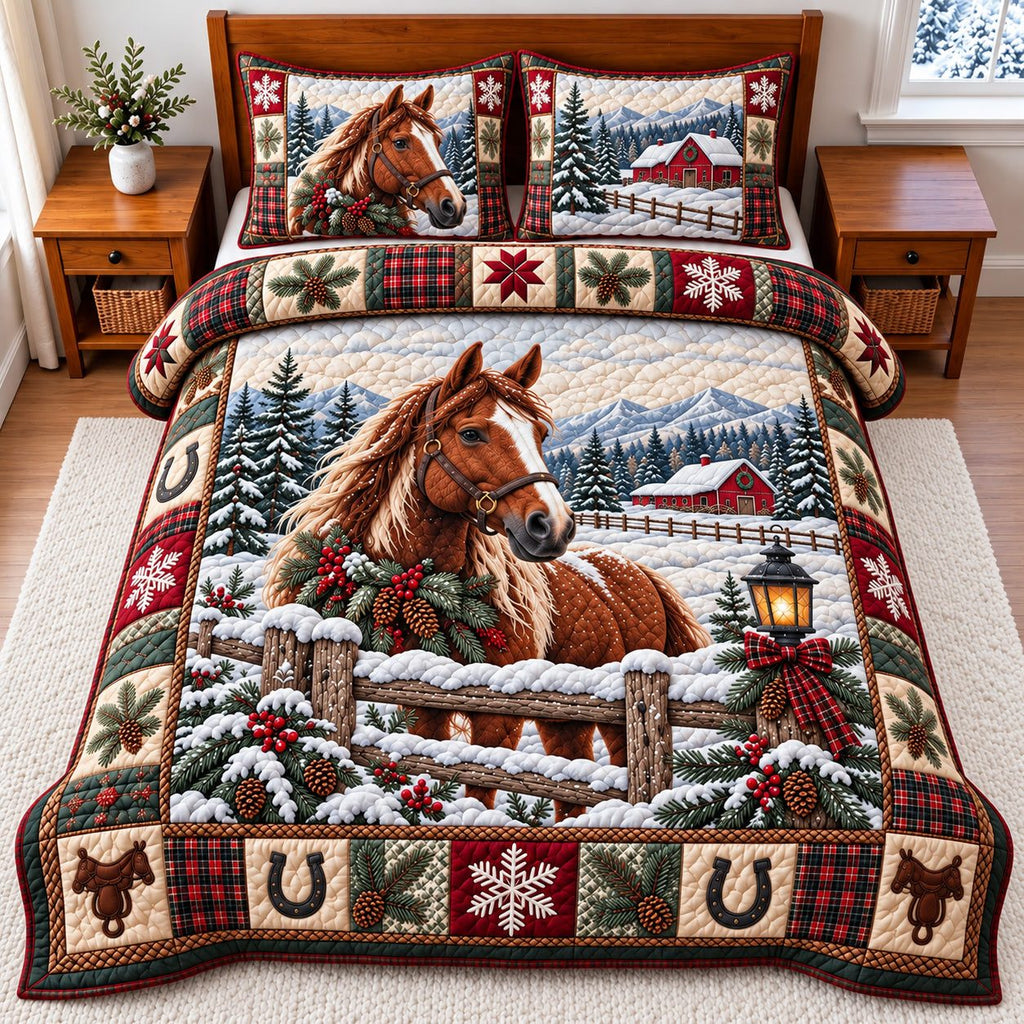 Rustic Horse quilted 3-piece bedding set on a made bed in a rustic timber bedroom