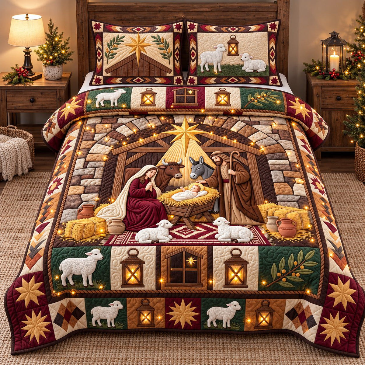 Rustic Manger Miracle quilted 3-piece bedding set on a made bed in a farmhouse bedroom