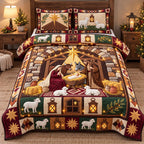 Rustic Manger Miracle quilted 3-piece bedding set on a made bed in a farmhouse bedroom