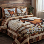 Rustic Meadow Horse quilted 3-piece bedding set on a made bed in a rustic timber bedroom