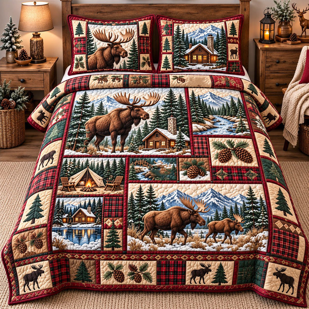 Rustic Moose Haven quilted 3-piece bedding set on a made bed in a farmhouse bedroom