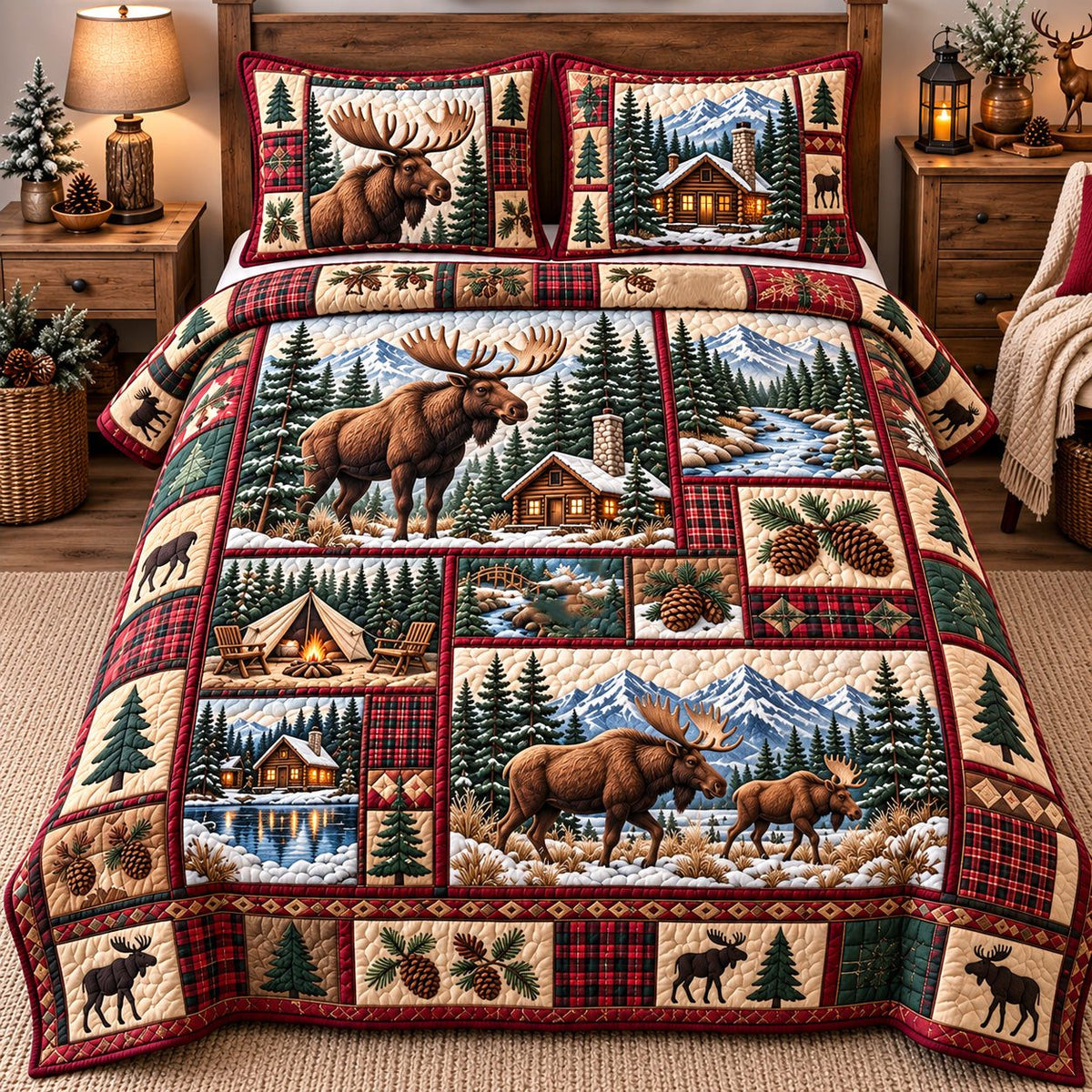 Rustic Moose Haven quilted 3-piece bedding set on a made bed in a farmhouse bedroom