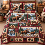Rustic Moose Haven quilted 3-piece bedding set on a made bed in a farmhouse bedroom