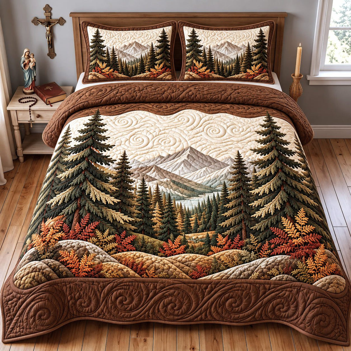 Rustic Mountain quilted 3-piece bedding set on a made bed in a farmhouse bedroom