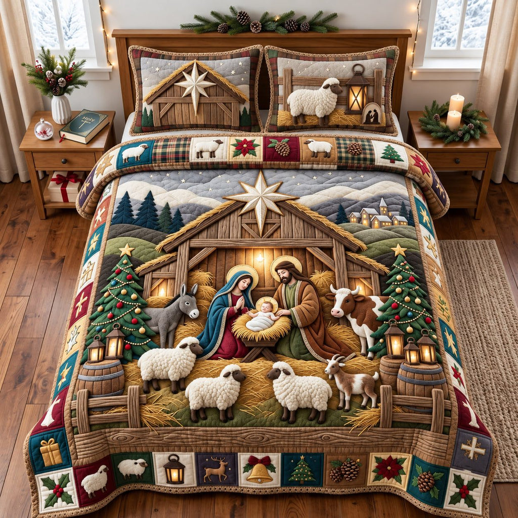 Rustic Nativity quilted 3-piece bedding set on a made bed in a winter-styled bedroom