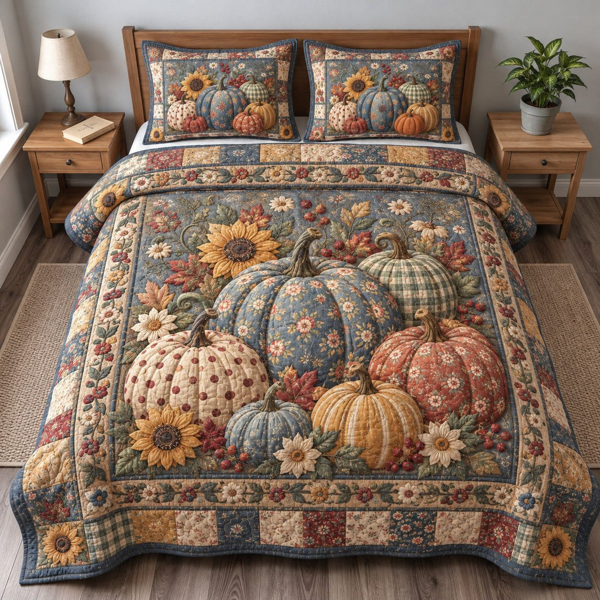 Rustic Pumpkin Harvest quilted 3-piece bedding set on a made bed against a dark styled interior