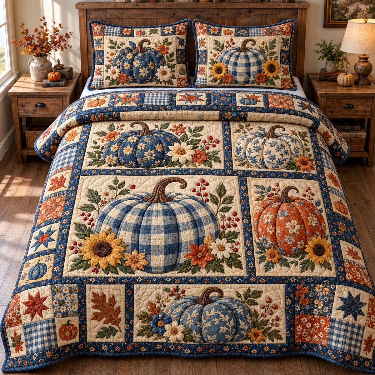 Rustic Pumpkin Heritage quilted 3-piece bedding set on a made bed against a dark styled interior