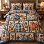 Rustic Pumpkin Heritage quilted 3-piece bedding set on a made bed against a dark styled interior