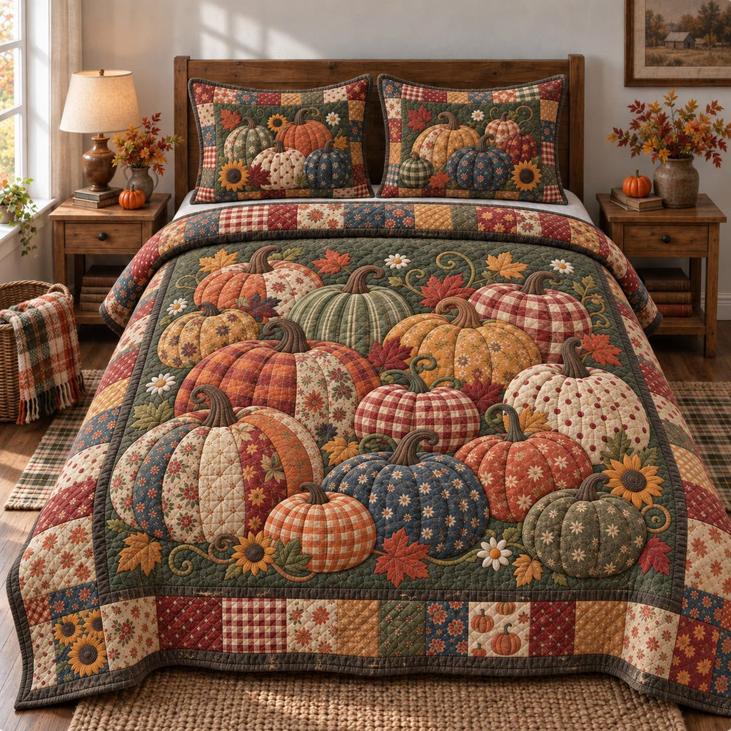 Rustic Pumpkin Whispers quilted 3-piece bedding set on a made bed against a dark styled interior