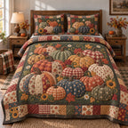Rustic Pumpkin Whispers quilted 3-piece bedding set on a made bed against a dark styled interior