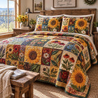 Rustic Sunflower Cottage quilted 3-piece bedding set on a made bed in a farmhouse bedroom