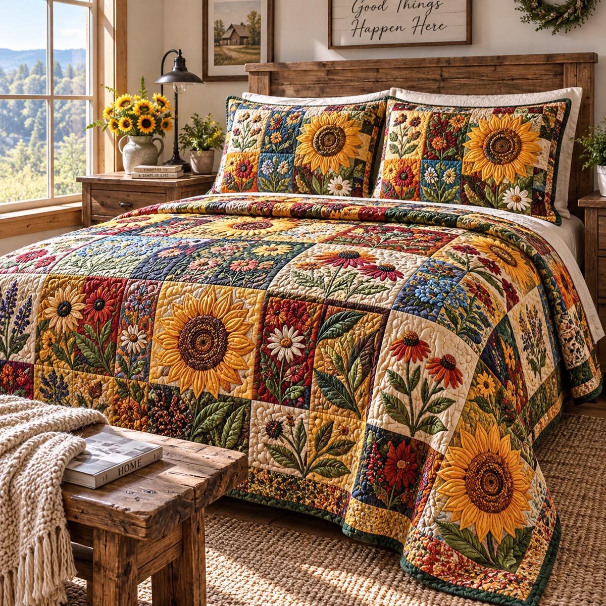 Rustic Sunflower Cottage quilted 3-piece bedding set on a made bed in a farmhouse bedroom