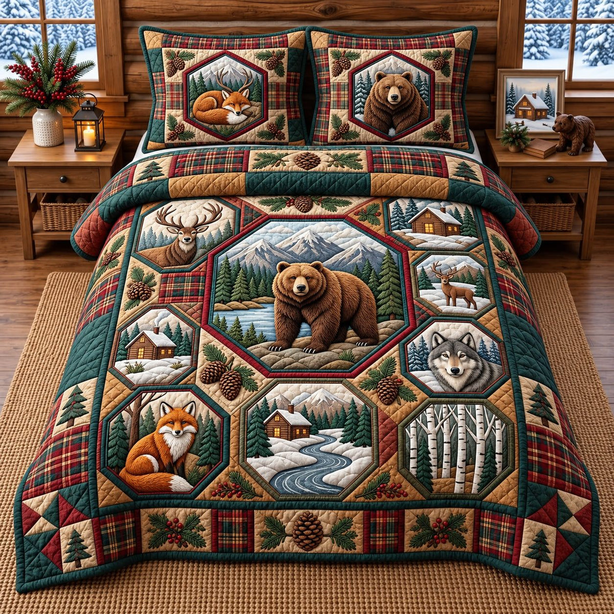 Rustic Wildlife Patchwork quilted 3-piece bedding set on a made bed in a farmhouse bedroom