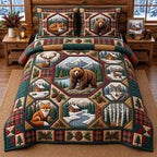 Rustic Wildlife Patchwork quilted 3-piece bedding set on a made bed in a farmhouse bedroom