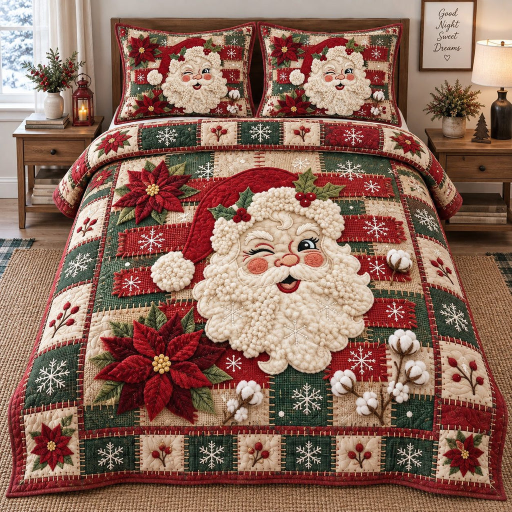 Rustic Winking Santa quilted 3-piece bedding set on a made bed in a winter-styled bedroom